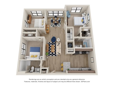 Floor plan for 3 beds, 2 baths, 1241 sqft